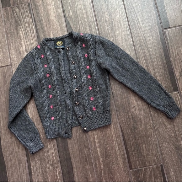Lanamoden Salzburg Sweaters - VTG Lanamoden Salzburg Floral Embroidered Wool Cardigan in Gray Sz XS